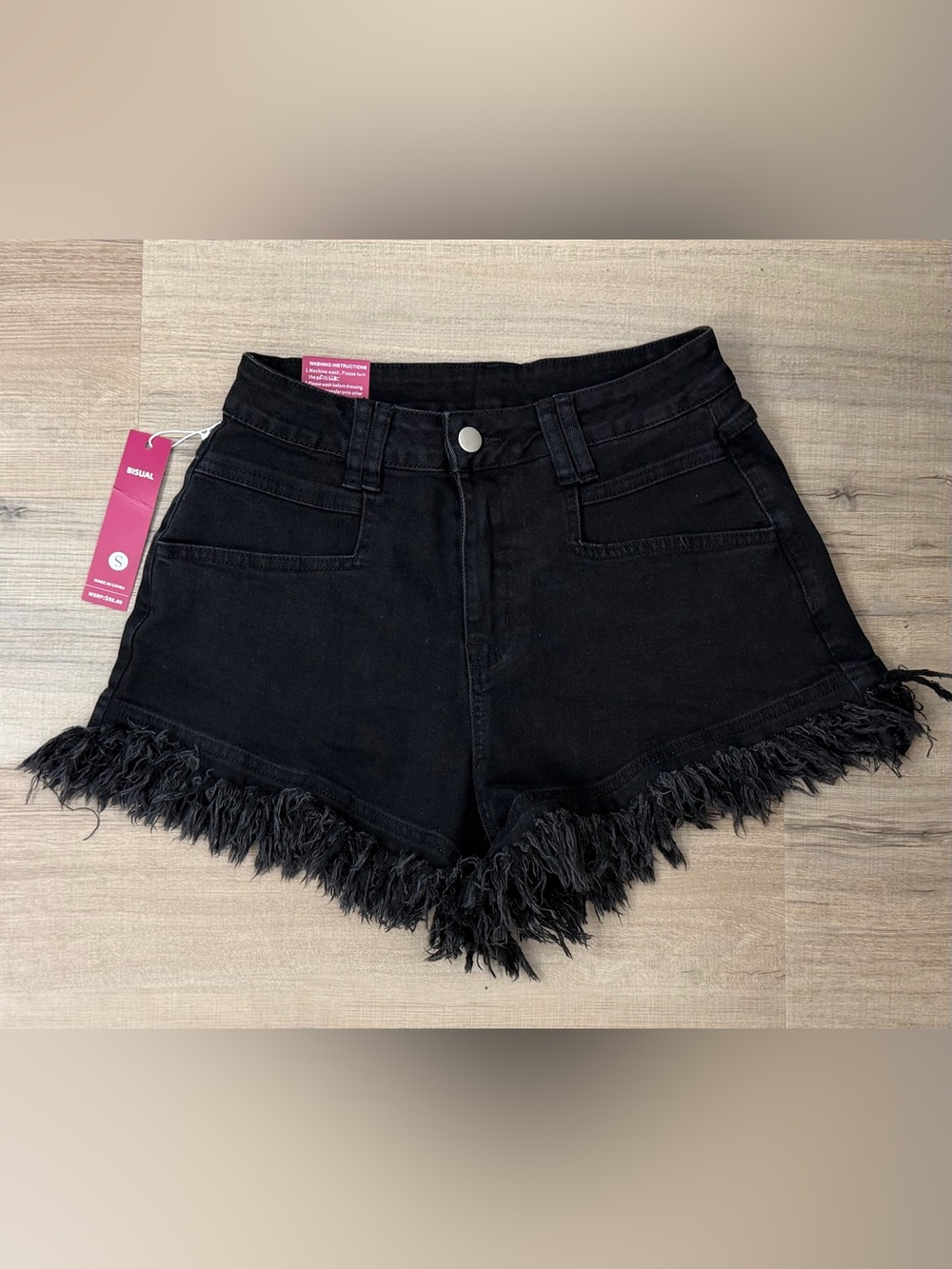 Bisual High-Waisted Fringed Denim Shorts Black Women’s Size S